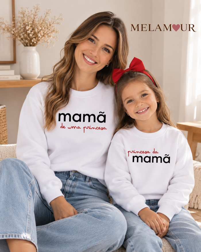 Foto do conjunto Mamã de uma Princesa e Princesa da mamã, com mãe e filha, da MELAMOUR.
