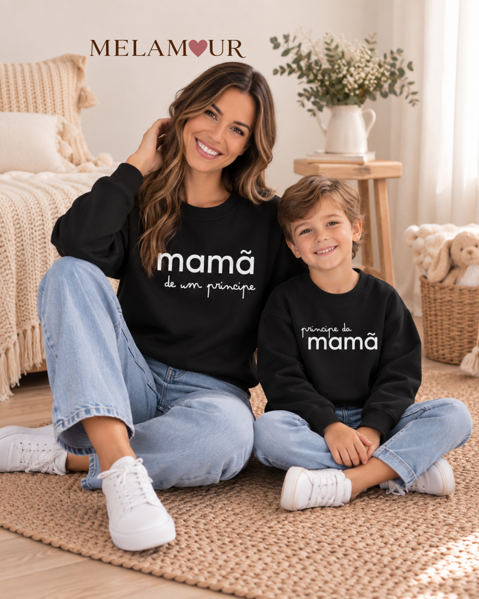 Foto do conjunto Mamã de um Príncipe e Príncipe da mamã, com mãe e filho, da MELAMOUR.