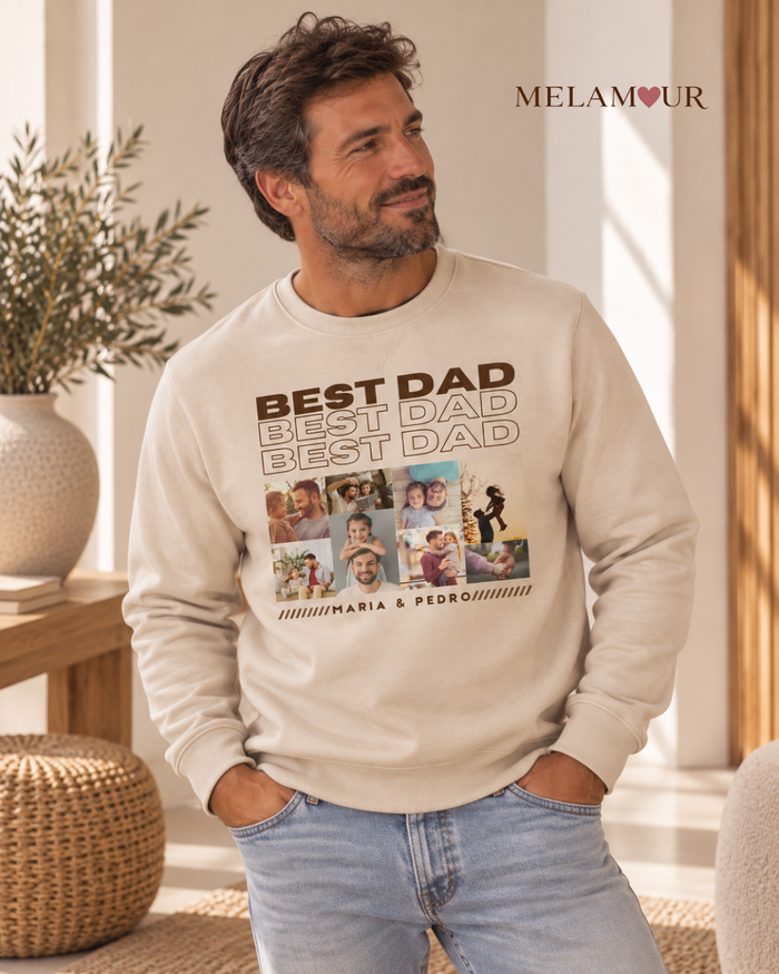 Camisola bege Best Dad · Colagem de Fotografias com BEST DAD repetido, colagem de fotografias e MARIA & PEDRO