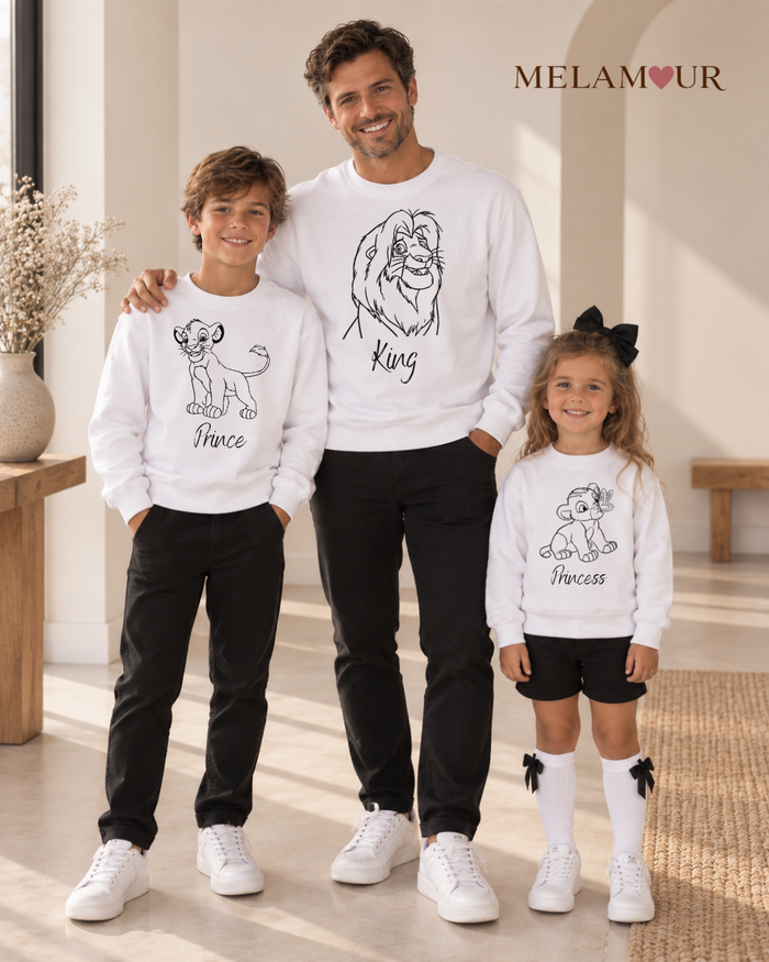 Foto do conjunto King, Prince e Princess com leões, para pai e filhos, da MELAMOUR.