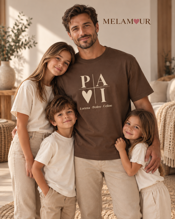 T-shirt castanha PAI · Coração e Nomes com as letras PAI, um coração e os nomes Lorena, Pedro e Celine