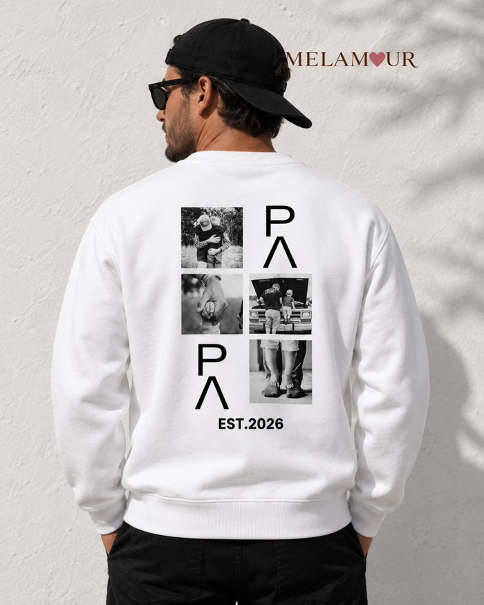 Camisola branca Papa · Fotografias Est. 2026 com mosaico de fotografias a preto e branco e letras PAPA nas costas