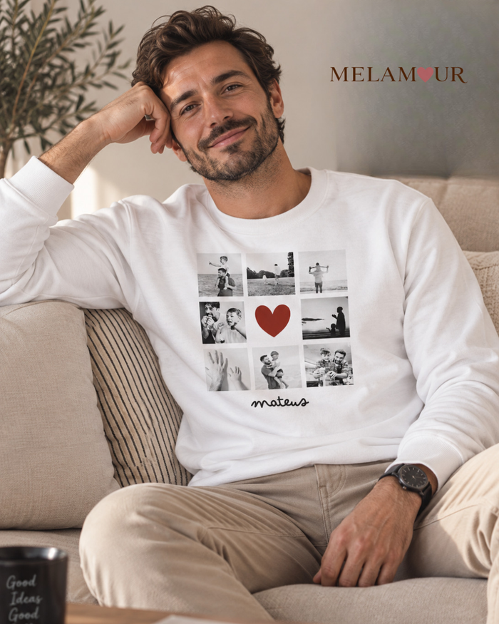 Camisola branca Papá · Mosaico de Fotografias com Coração com oito fotografias, coração vermelho e o nome mateus