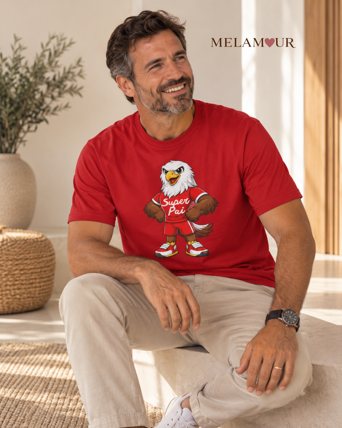 T-shirt vermelha Super Pai · Águia com ilustração de águia de equipamento vermelho com a inscrição Super Pai