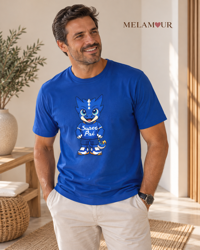 T-shirt azul Super Pai · Dragão com ilustração de dragão azul de equipamento com a inscrição Super Pai