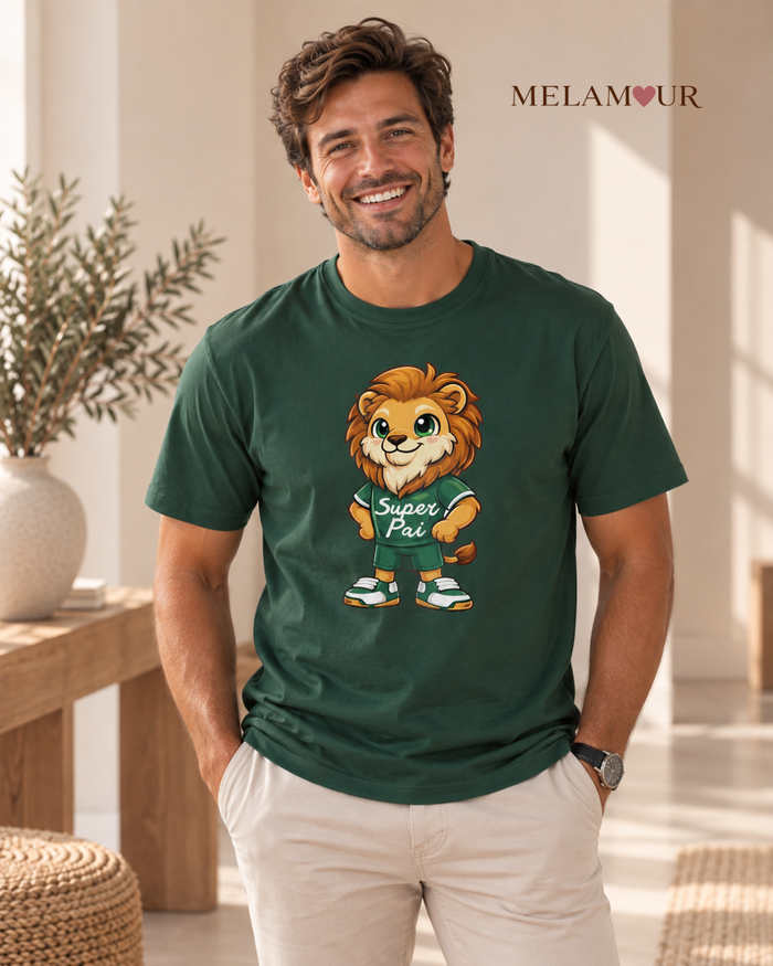 T-shirt verde Super Pai · Leão com ilustração de leão de camisola verde com a inscrição Super Pai